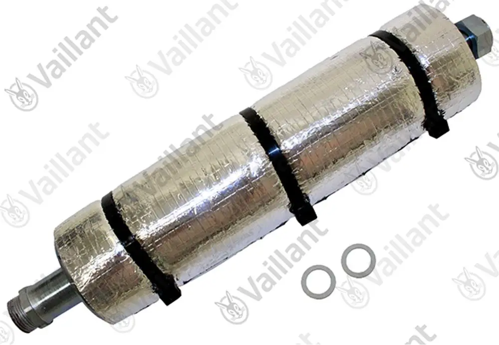 Speicherbehälter mit metallischer Oberfläche und Isolierung, versehen mit zwei Dichtungen. Vaillant Marke, geeignet für Heizsysteme.